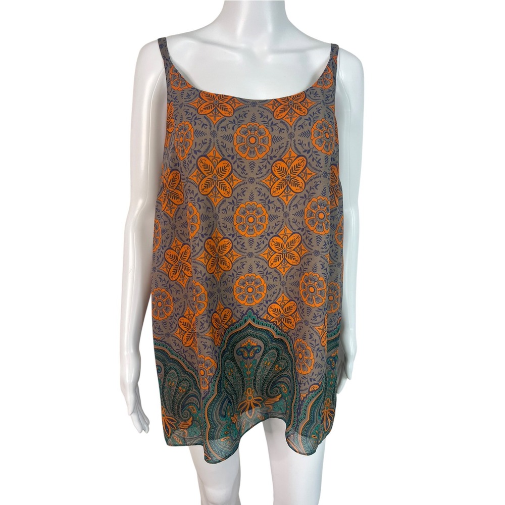 Cabi Cami Top Arabesque Orange Teal Paisley Floral Medallion #3082 Boho Size L